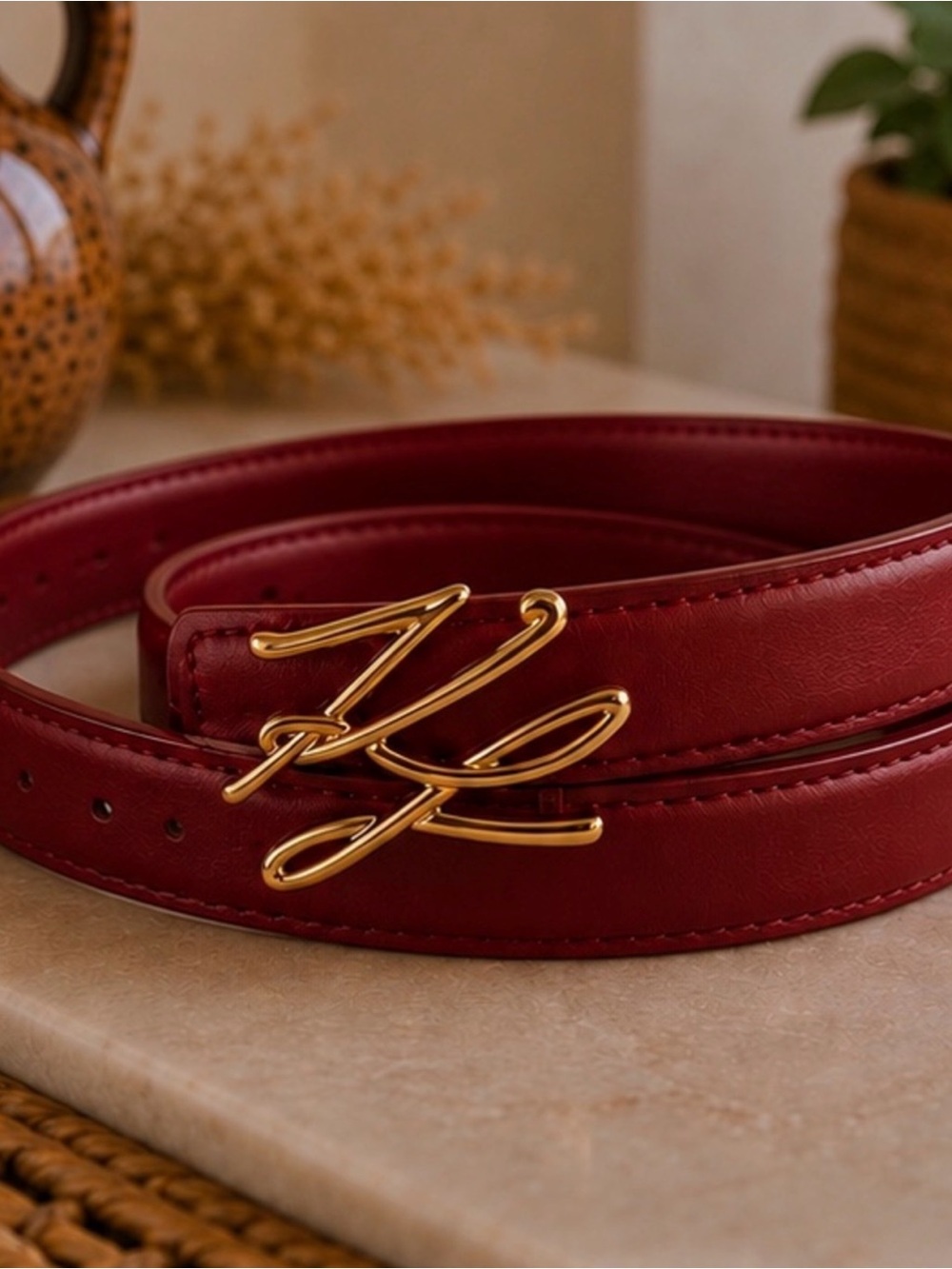 Designer-Inspired Burgundy Initial Buckle Belt | Gold Statement Hardware